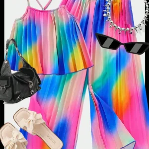 Multi Color Ombre Pleated Cami Top with Wide Leg Pants