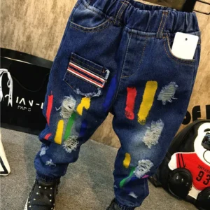 Kids Distressed Straight-Leg Jeans – Elastic Waist Casual Denim Pants, Ages 3–8